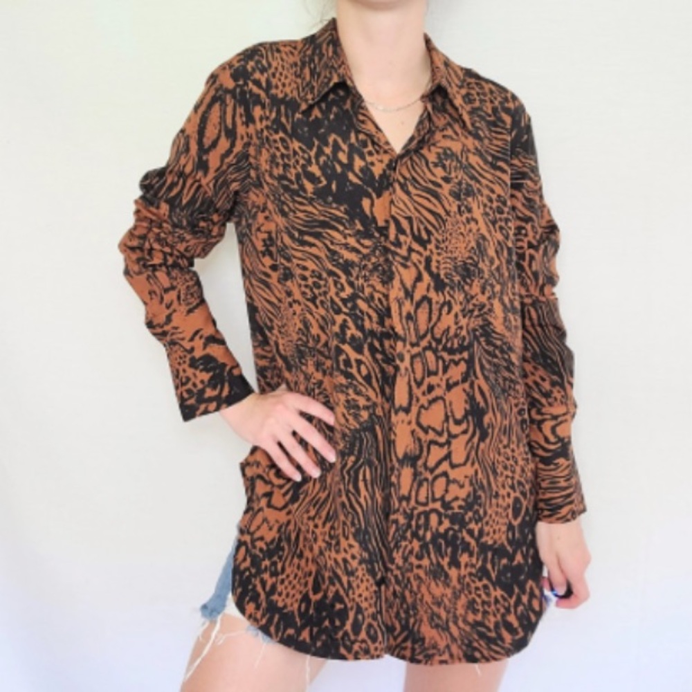 Topshop Black and Brown Animal Print Button-Down Shirt